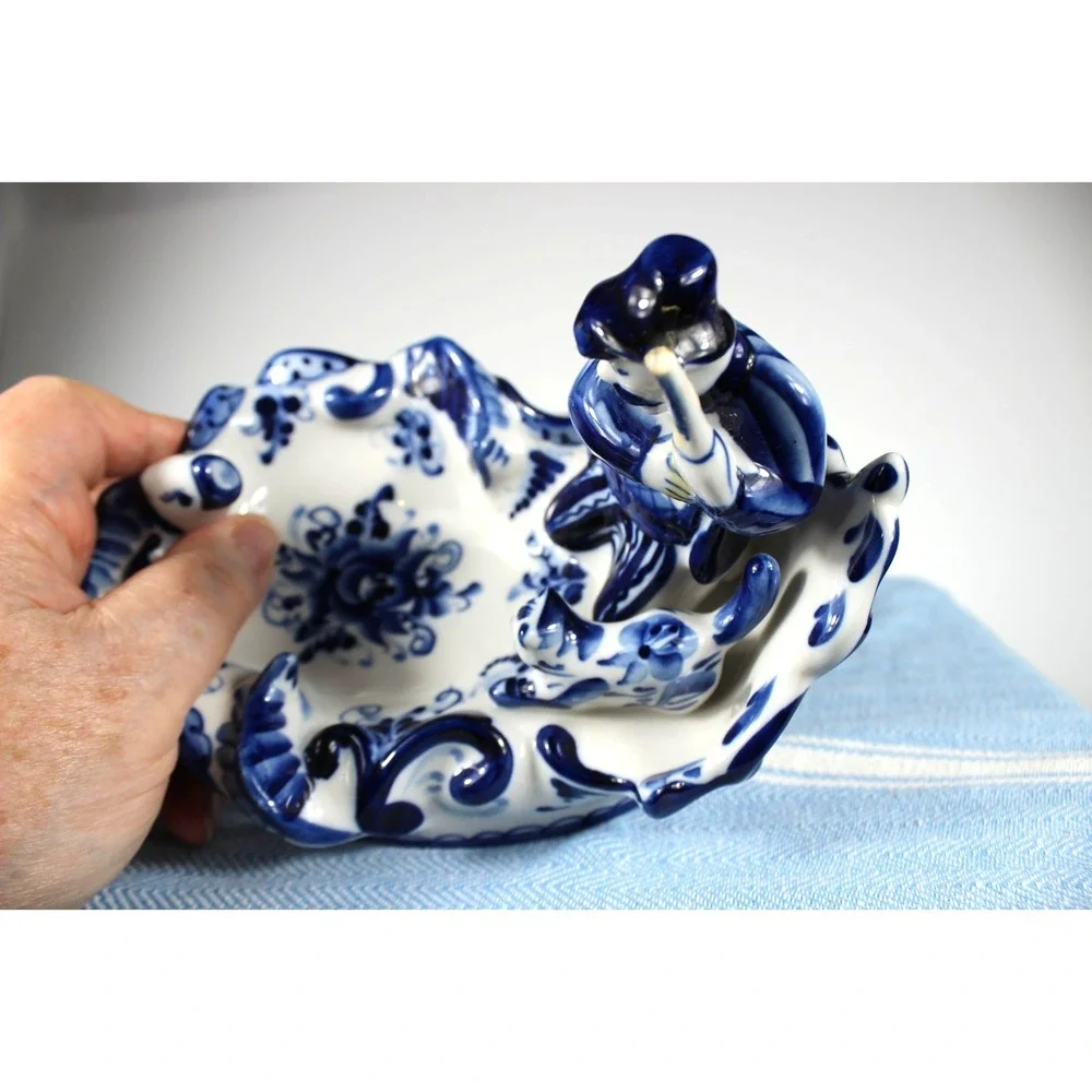 Gzhel Caviar Dish Fisherman Fish Boat Cat Waves Blue/White Porcelain Signed VTG